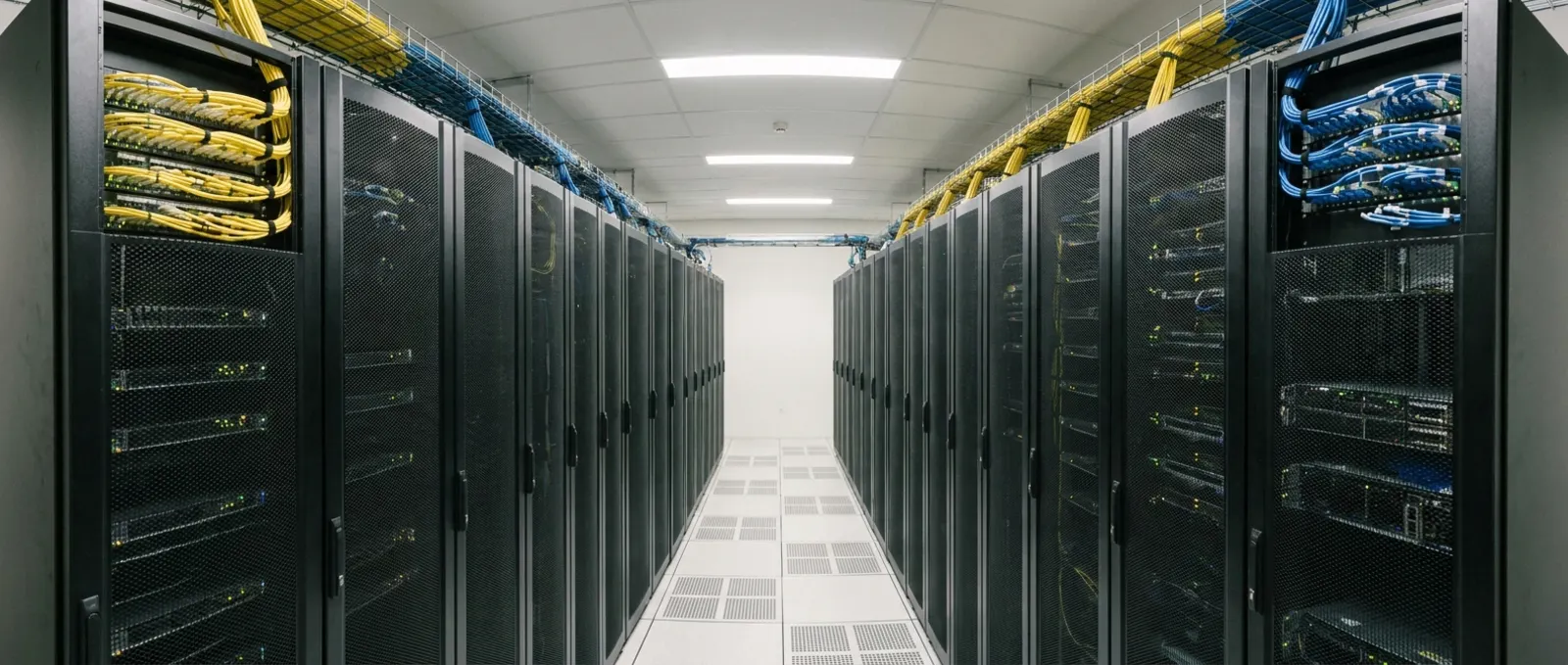 A cold aisle between two rows of server racks in a data centre